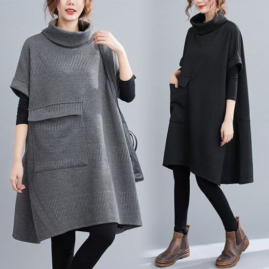 ワンピース チュニックワンピース ニットワンピース チュニック丈 プルオーバー 袖あり 長袖 タートルネック アシンメトリー ワイド 切り替え ポケット リブ ニット 大人可愛い きれいめ シンプル