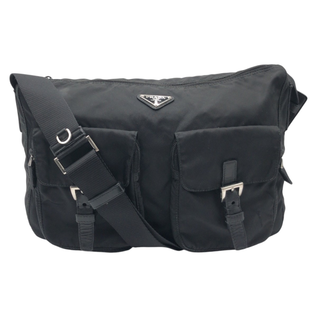 美品 テスート 三角ロゴプレート ブラック 黒 シルバー金具 ナイロン/レザー ショルダーバッグ メッセンジャーバッグ 男女兼用 メンズ 410806