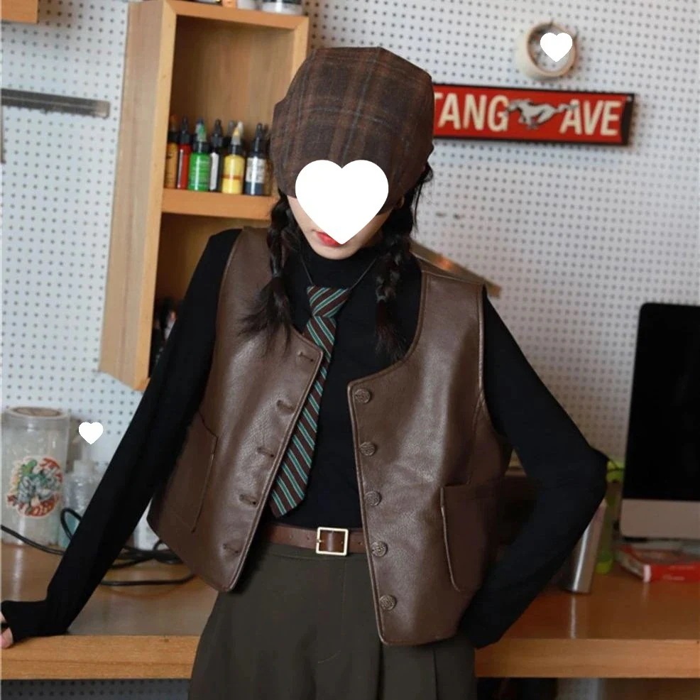 ベスト 通勤 2025春秋服新作 シングルブレスト PUレザー ラウンドネック ウエストコート ベスト ジャケット レディース ヴィンテージ トップス 韓国ファッション