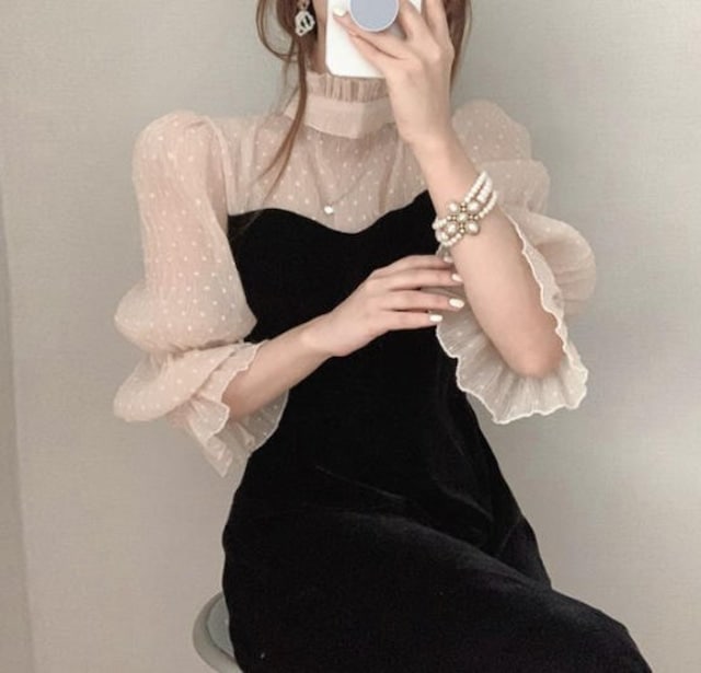 ワンピース ロング ドット柄 シースルー ック フリル きれいめ 上品 大人可愛い フェミニン