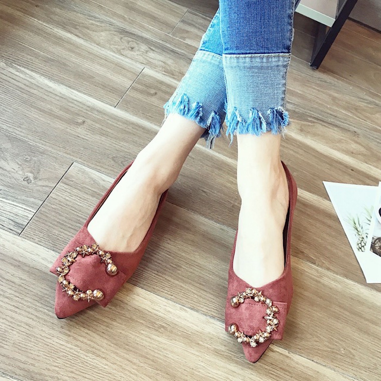 ビジューポインテッドトゥフラットシューズ 全2色【ot0018】