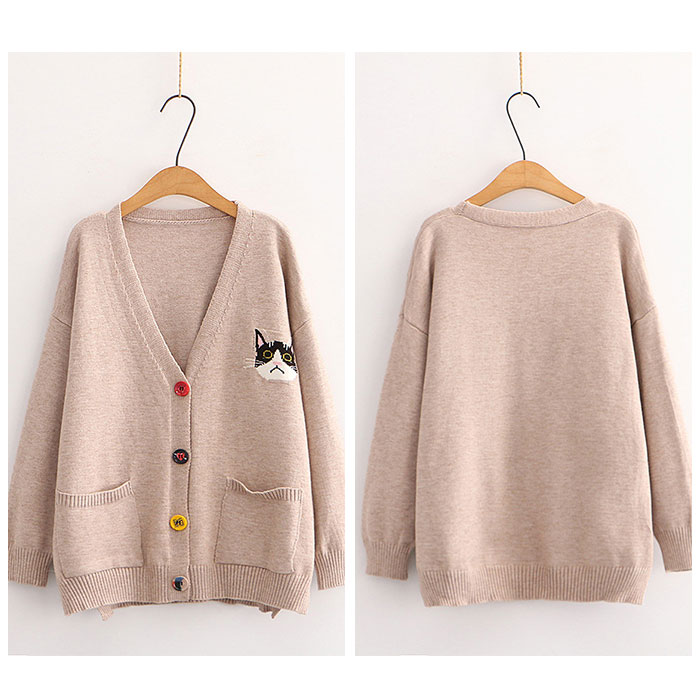 vネックカーディガン レディース 通販 ニットカーディガン ジャケット アウター 羽織り 羽織 カーデガン トップス 秋 秋冬 刺 ネコ柄 猫柄 Vネック 長袖 婦人服 前あき ボタン 重ね着 オフ