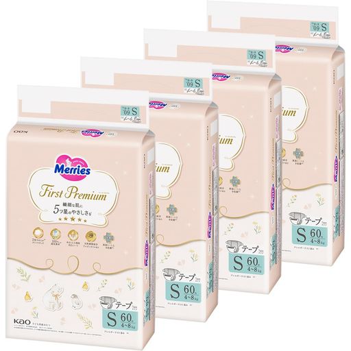 【AMAZON.CO.JP限定】【テープ Sサイズ】メリーズ ファーストプレミアム(4~8KG) 240枚 (60枚×4) [ケース品]