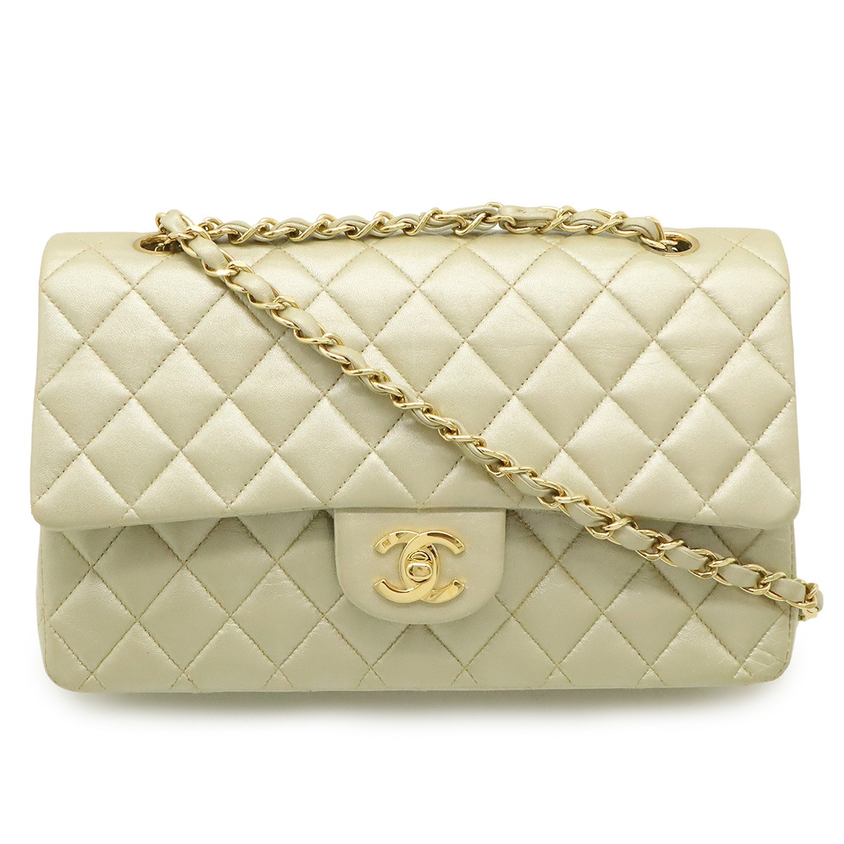 マトラッセ25 ココマーク Wフラップ チェーンショルダーバッグ ハンドバッグ レザー シャンパンゴールド ゴールド金具 A0111