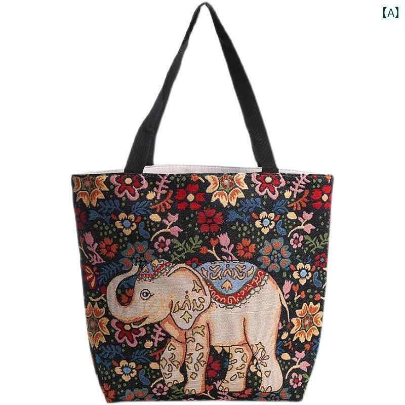 エスニック バッグ かばん 鞄 婦人 レディース 刺繍 象 キャンバス ショルダー肩掛け トート ファスナー 旅行 お土産 ギフト 洗える 黒