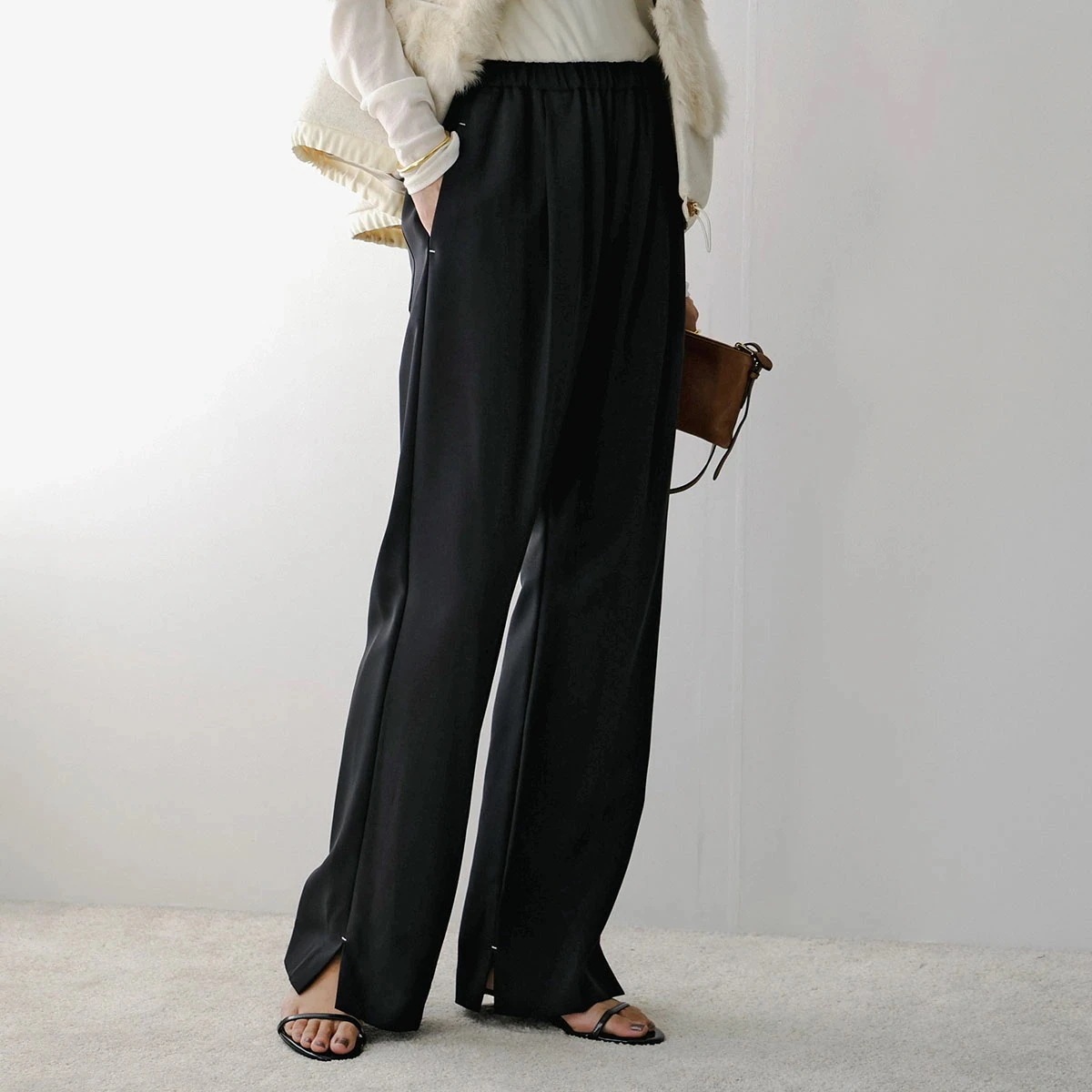 YENN イエン スラックスパンツ SIDE SLIT SLACKS Y253-32085 レディース ストレート スリット イージーパンツ ブラック 【ts】