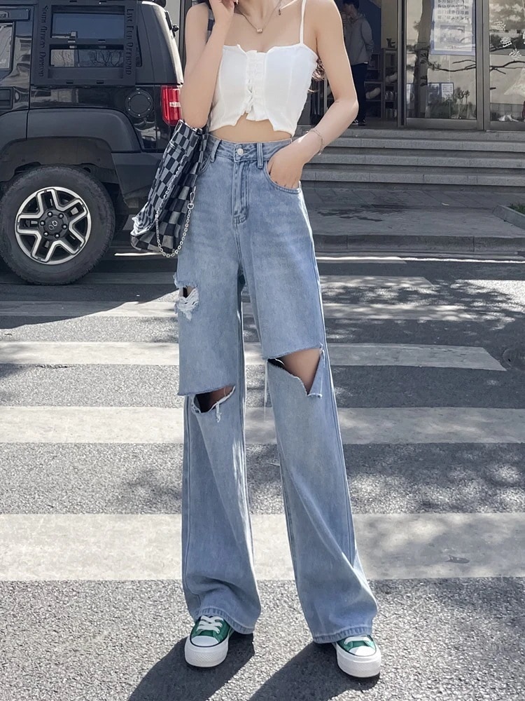淡色ストレートジーンズ レディース 年春新作 ハイウエストlルーズワイドレッグ トレーリングデザインパンツ