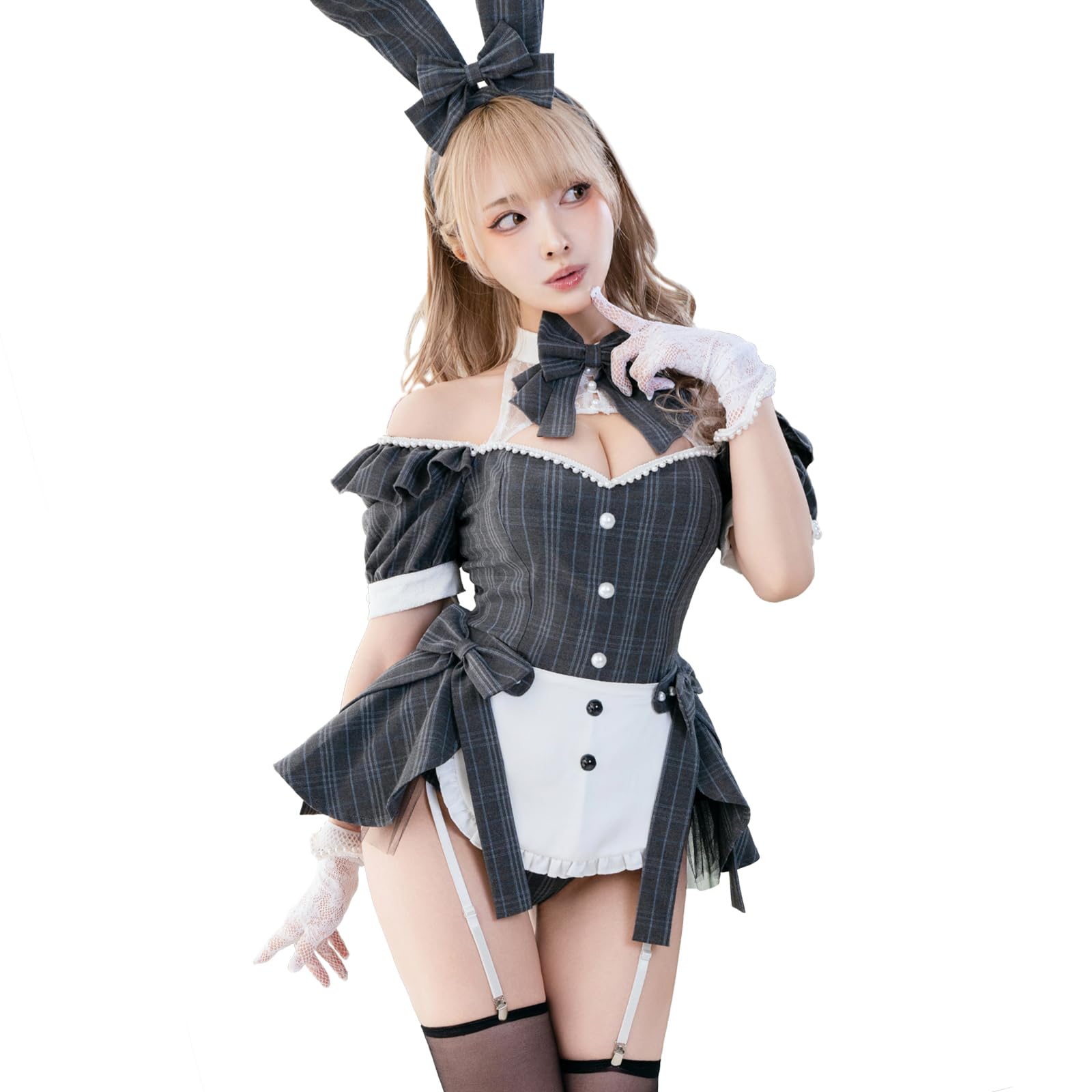 [Malymoon] コスプレ アニマル 動物 バニー うさぎ ウサギ うさ耳 ウサ耳 スーツ ボディスーツ ブラック グレー 黒 灰色 衣装 仮装 マリームーン 7点セット10244