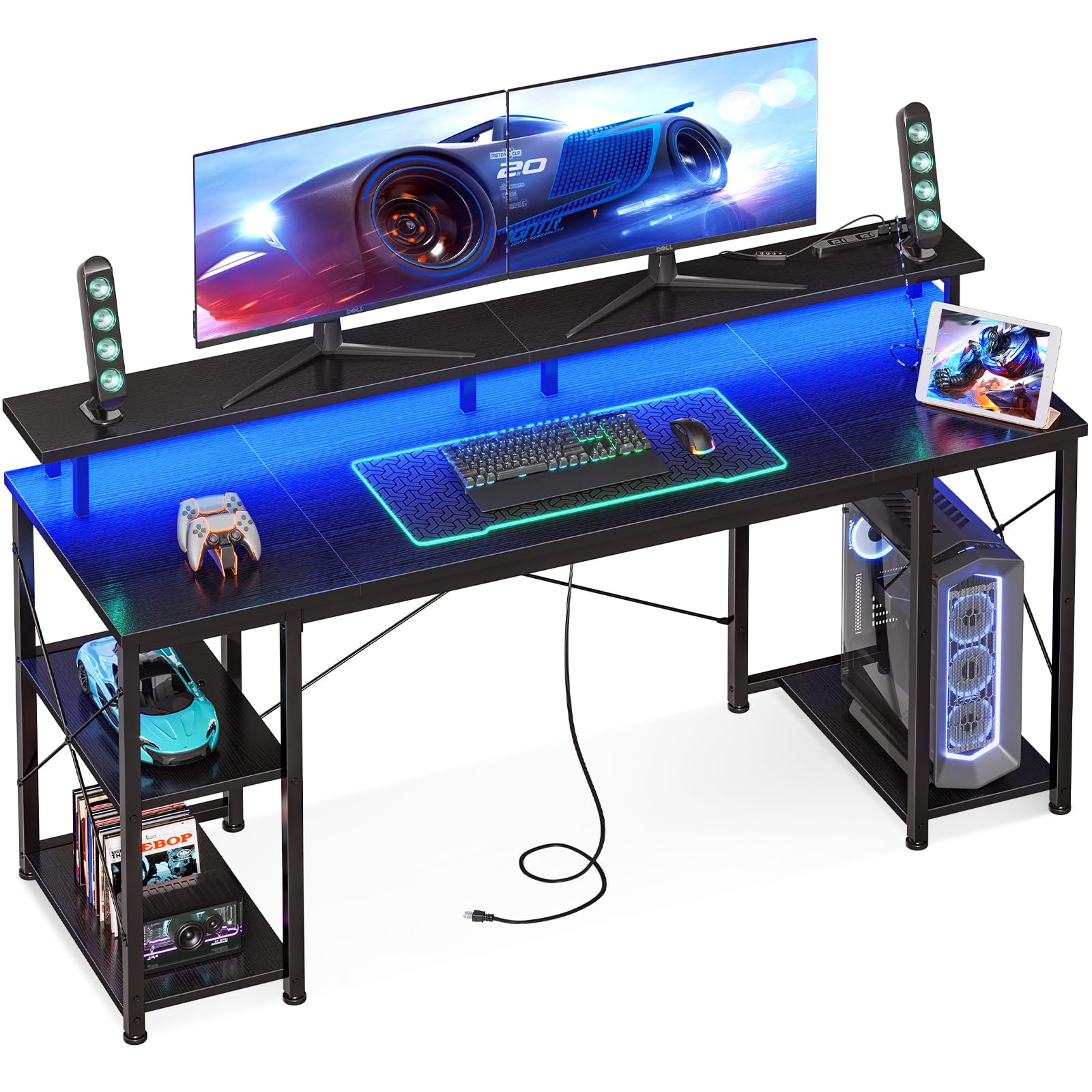 ゲーミングデスク パソコンデスク コンセント&LED付き 机 pcデスク 幅160cm 両側ラック&モニター台付き 勉強机 ゲームデスク computer desk ワークデスク 73891