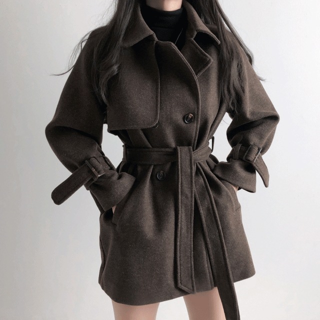 [袖まできれいなフィット!] ベルト毛織ハーフコートショートコート(2col)