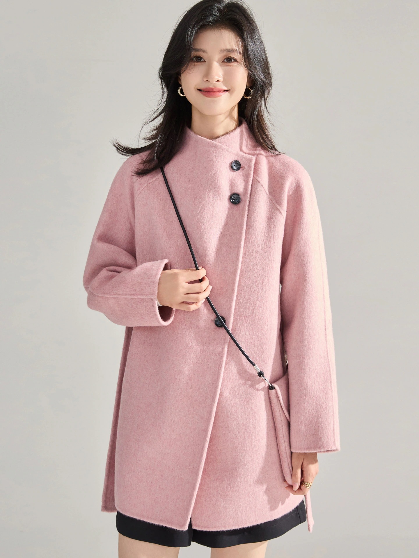 デザイン スタンドカラー スラントプラケット ウール ダブルフェイス ツイードコート ミドル丈 経年変化 小袋付き