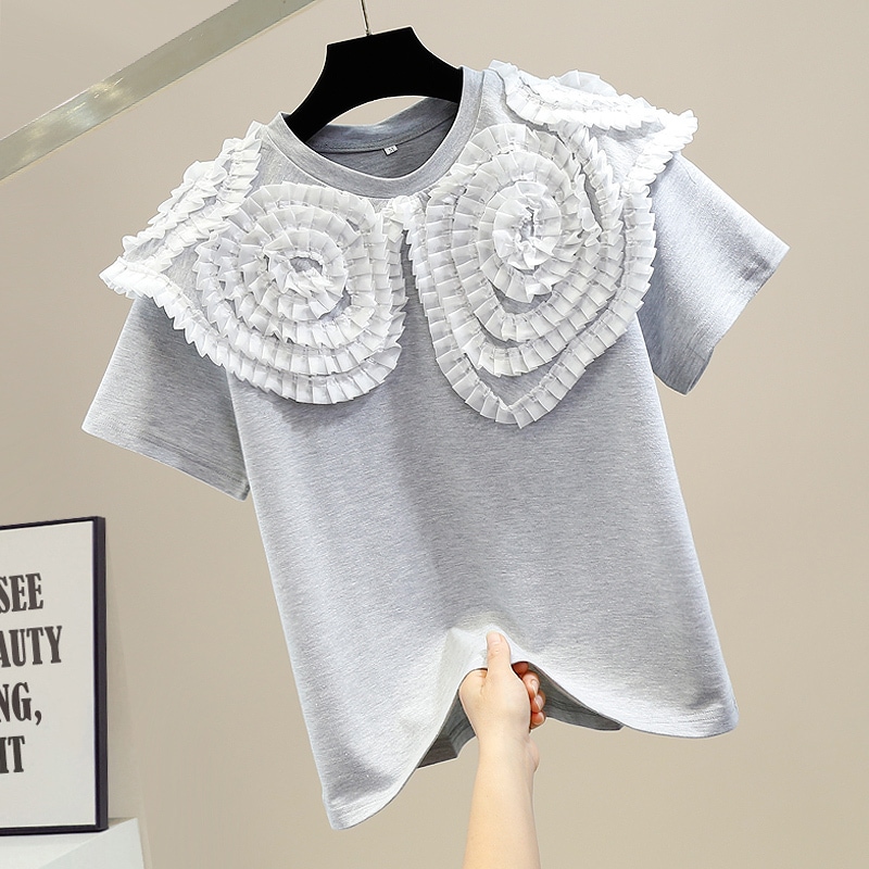 花柄フリル 半袖Tシャツ Tシャツ 半袖 トップス プルオーバー ウンドネック レディース ママコーデ お仕事コーデ オフィス 夏 a4562