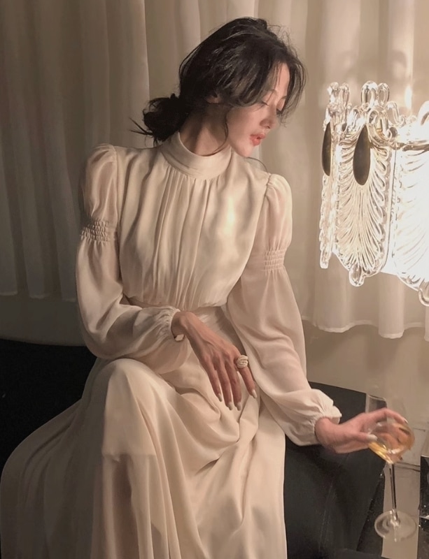 ハイネック ドレス 2色 ハイウエスト ワンピース 韓国 長袖 無地 ミディアム ロング ホームパーティーアイテム ハイネック ボリューム袖 謝恩会 結婚式二次会 シースルー かわいい 大人可愛い