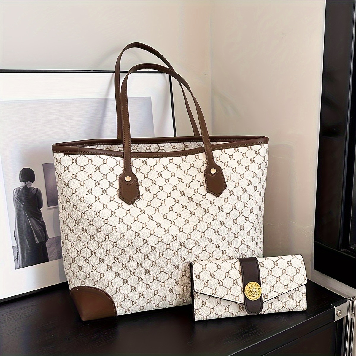 レディーストート＆財布セット - 大容量エレガントな幾何学模様ジップクローズポリエステル裏地オッカーション用スタイリッシュなホワイトとブラウンアクセント 6,089円