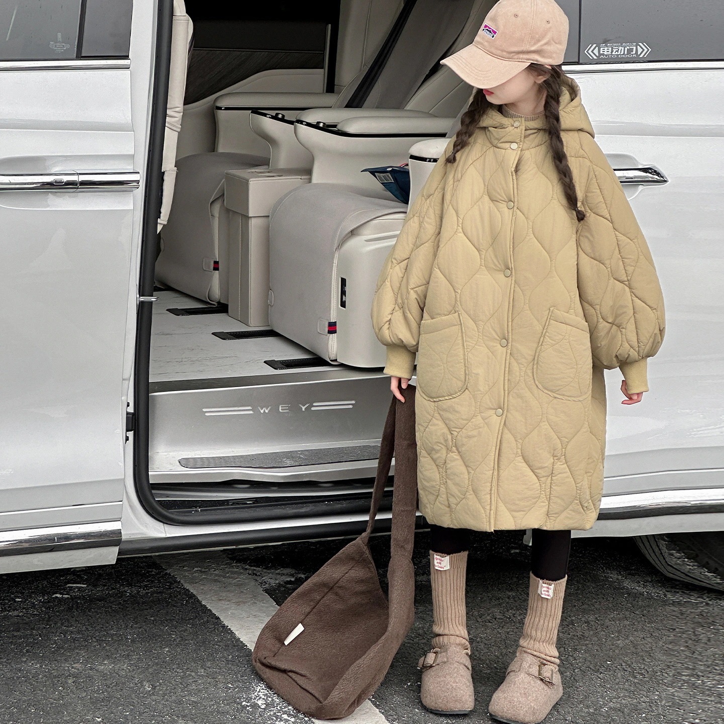 女の子冬装キルティング中綿コート 子供用冬季加厚 ミドル丈 中綿入りトレンチコート キッズ　アウター