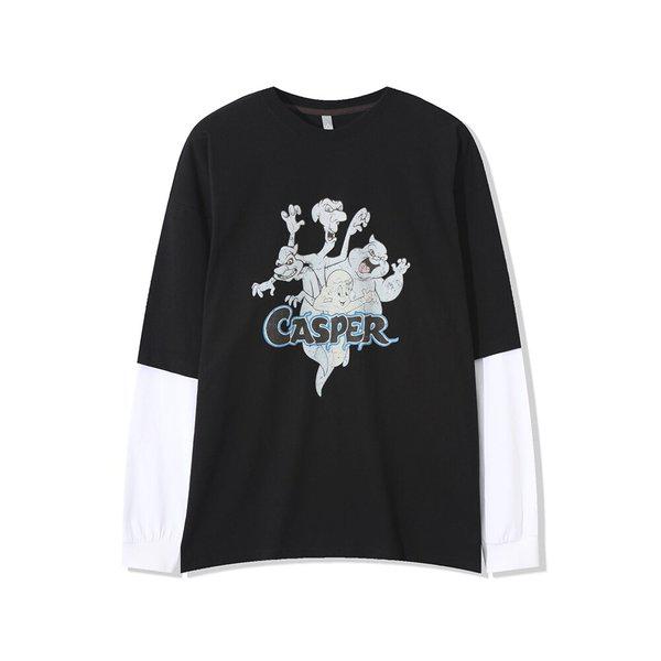 男性幽霊プリントレイヤード長袖Tシャツ AC-TSA-Q062-ブラック