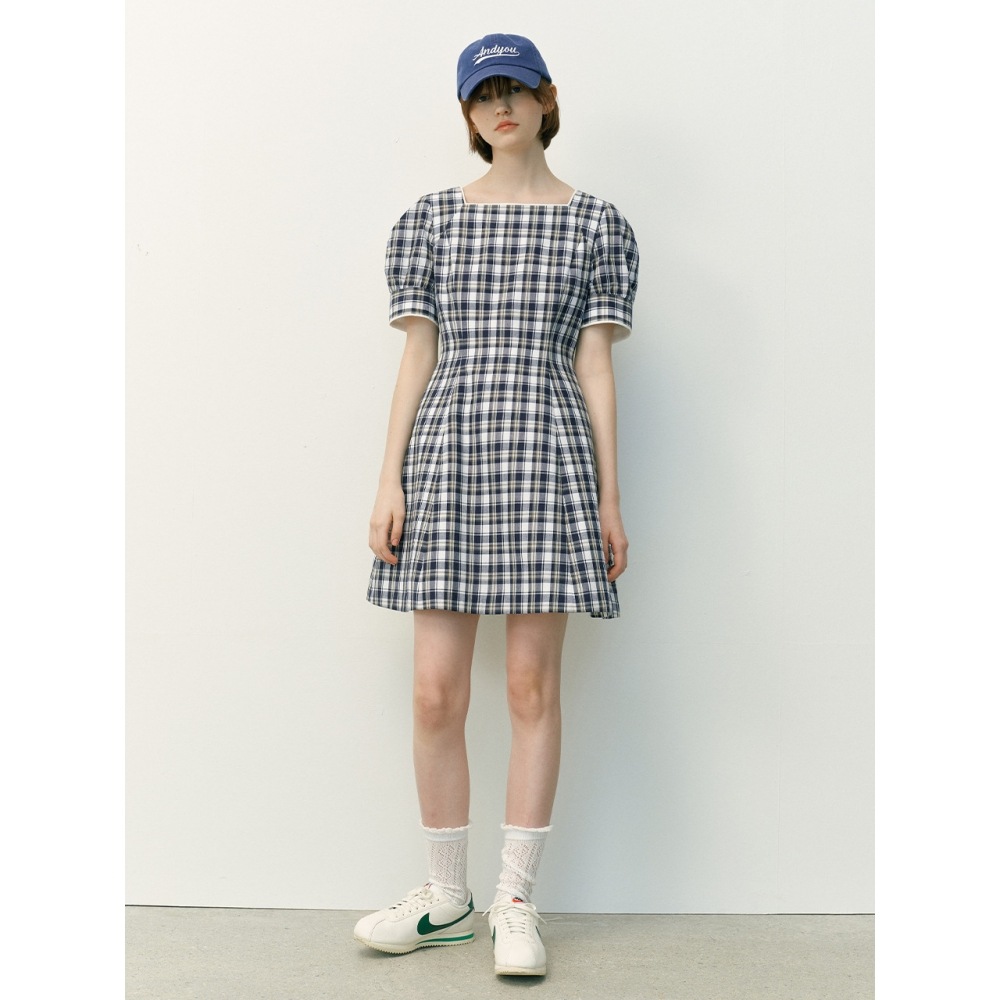 AND YOU チャービルスクエアネックボリュームスリーブミニドレス (ネイビーチェック)