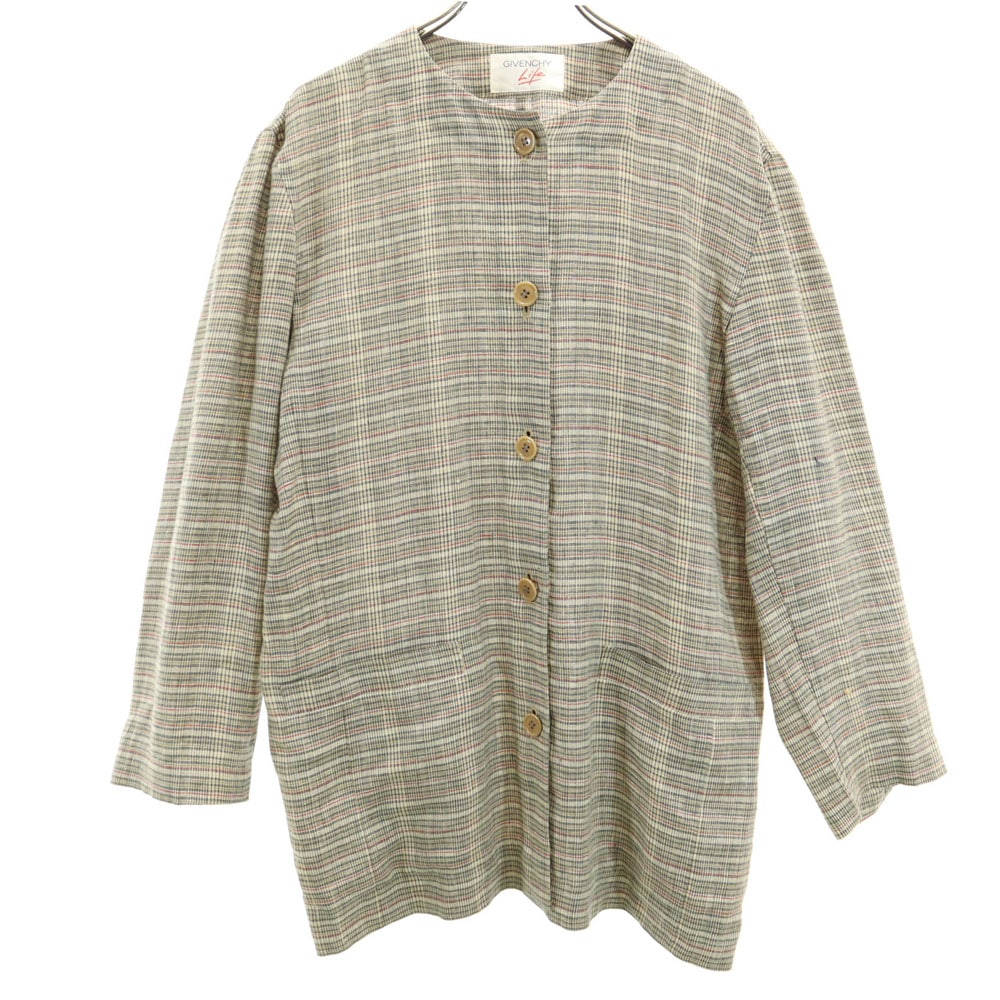 90s リネン オールド チェック柄 ジャケット 9 ブラウン レディース