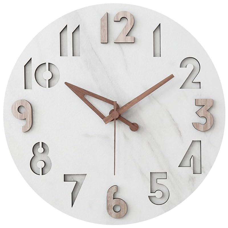 Danmukeji 掛け時計 おしゃれ 人気 北欧 静音 壁掛け時計 木製 白い石の粒の表面クルミ無垢材のポインター中空の凹凸の刻まれた大きなフォント認識しやすい12インチの壁掛け時計ファッションの個