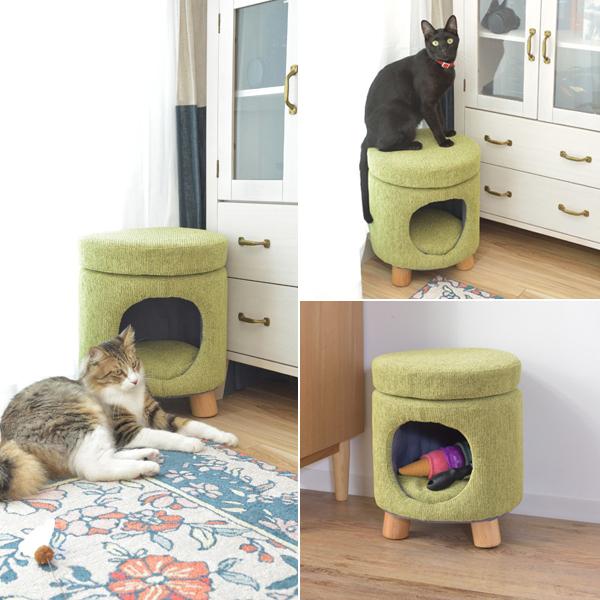 ペットハウス 猫 ねこ ネコ スツール 椅子 収納 脚つき インテリア デザイン 遊び場 ペット クッション付き かわいい おしゃれ ファブリック素材 丸型 円形