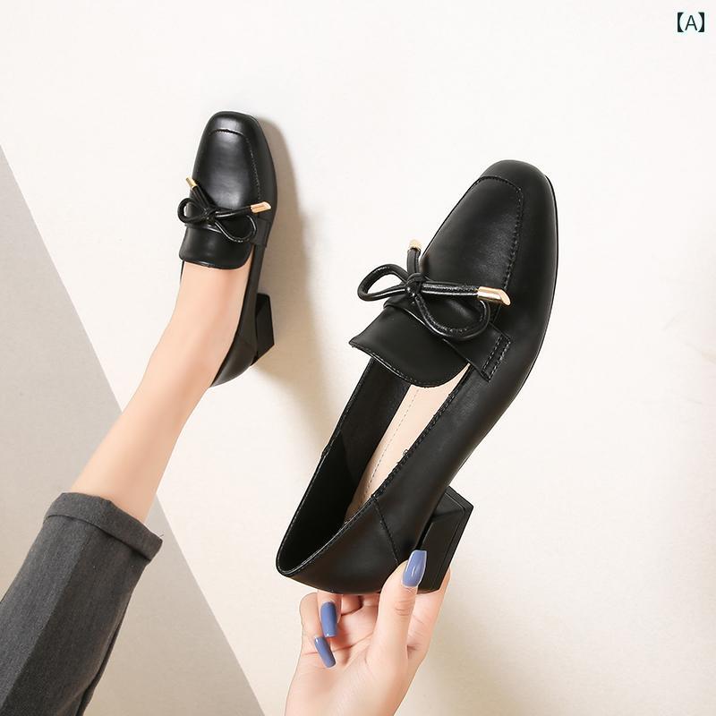 レディース シューズ ローファー ソフトレザー 快適 英国製 小さめ 革靴 太 ヒール シングル シューズ 春秋 黒 深口 大きいサイズ 婦人靴 41 43