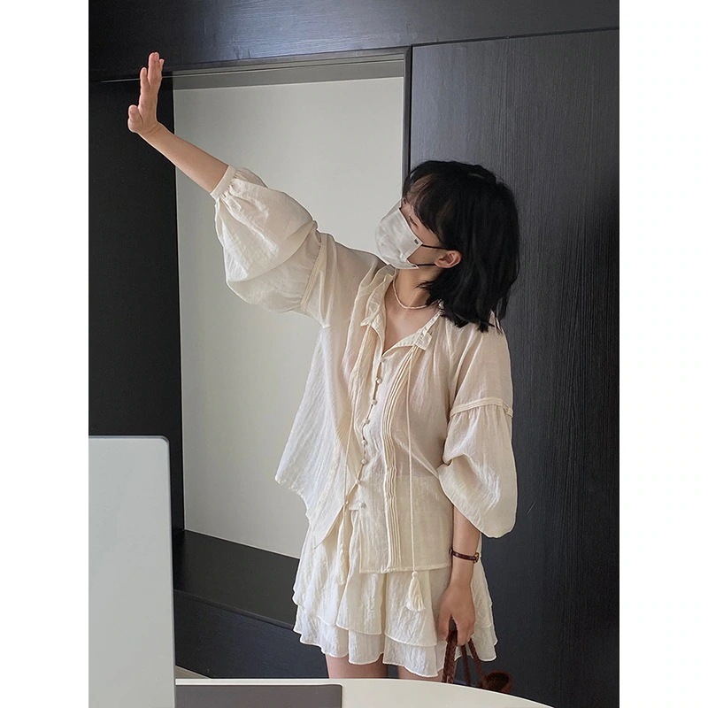 ニップルスーツヘビーアコーディオンプリーツランタンスリーブシャツ + 女性用二重層ショートキュロット 1085