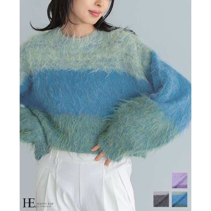 マラソン限定 日常が華やぐ3段配色ショート丈ニット/ニット セーター ショート丈 ボリューム袖 レディース トップス グラデーション 体型カバー 大きいサイズ