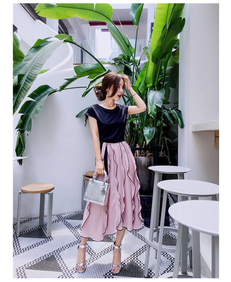 1563.バイカラーハイウエストワンピース（ブラック）2019 春夏 sale 通学 通勤 普段使い 女子会 ランチ お呼ばれ レストラン お出かけ