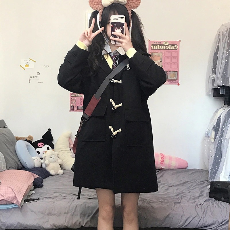 日本製角ボタンコート カレッジスタイル 小学生スタイル Jk制服 キルティング厚手ウールコート レディース 秋冬