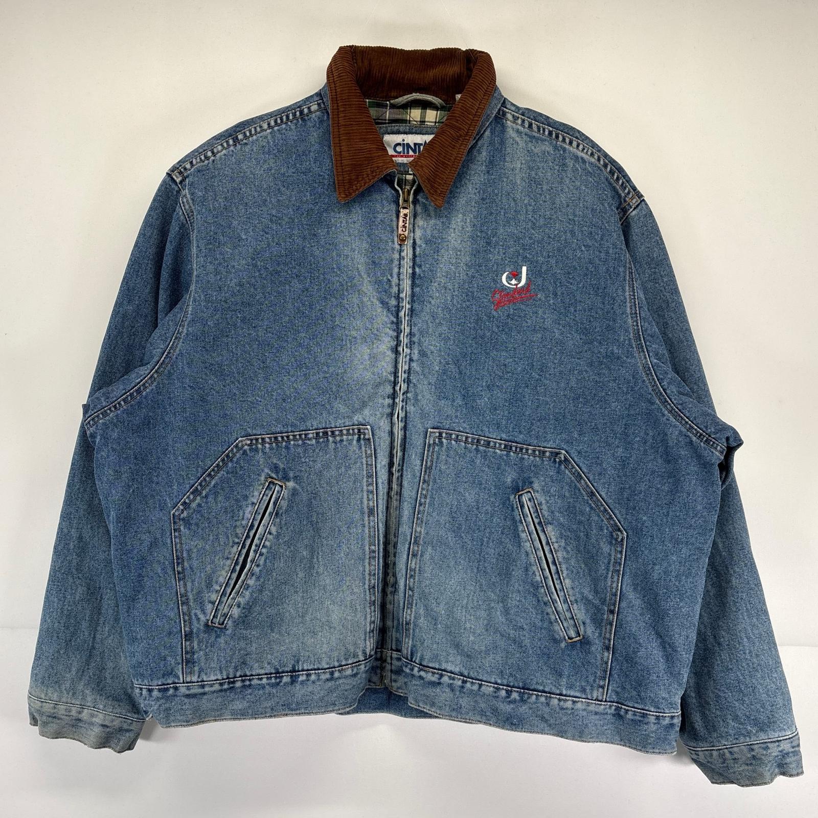 古着 シンタス CINTAS デニムジャケット 大きいサイズ スウィングトップ 中綿 裏地チェック ワークジャケット 2XL ブルー系 メンズ