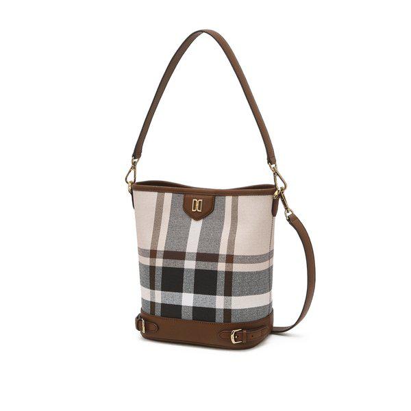 [26SS] [タータン] タータンチェック ライトブラウン レザー バケット型ショルダーバッグ DCBA6E714W2
