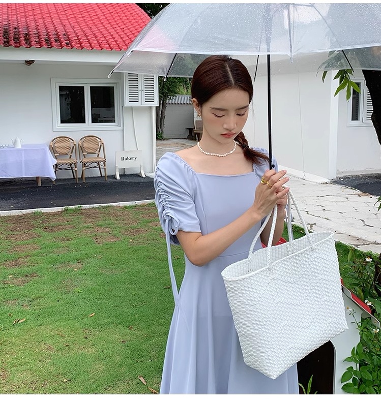 夏 フレンチ スタイル シック スクエアカラー プリンセス スリーブ ストラップ ハイウエスト ソリッドカラー ドレス 個性的 ワンピース 膝下 袖あり 5分袖 五分袖 スクエアネック 襟なし