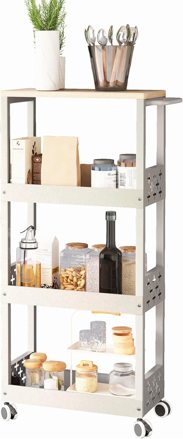 天板付きキャスター付き4段キッチンワゴン スリムサイズ42×17×87cm 冷蔵庫横や浴室にも対応 組立簡単 ホワイト
