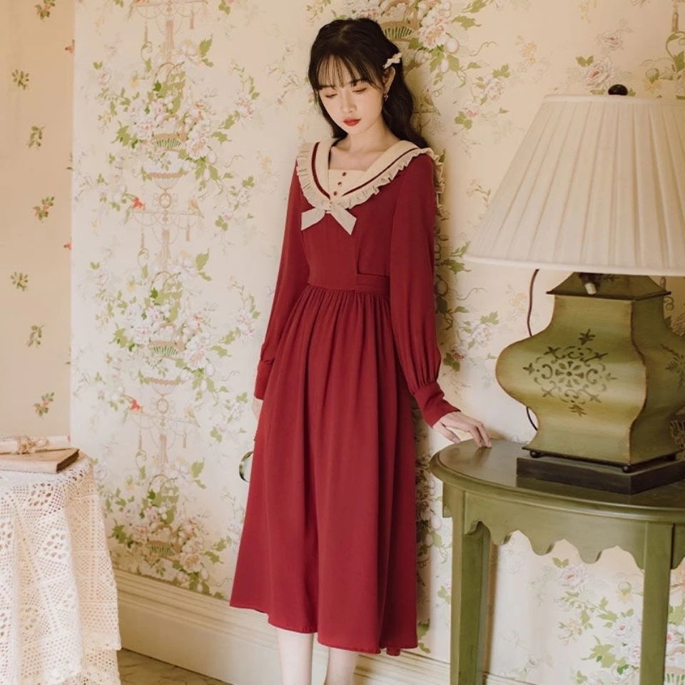 春レトロレッドロングドレスレディースウエスト痩身気質ネイビーネックガールドレス