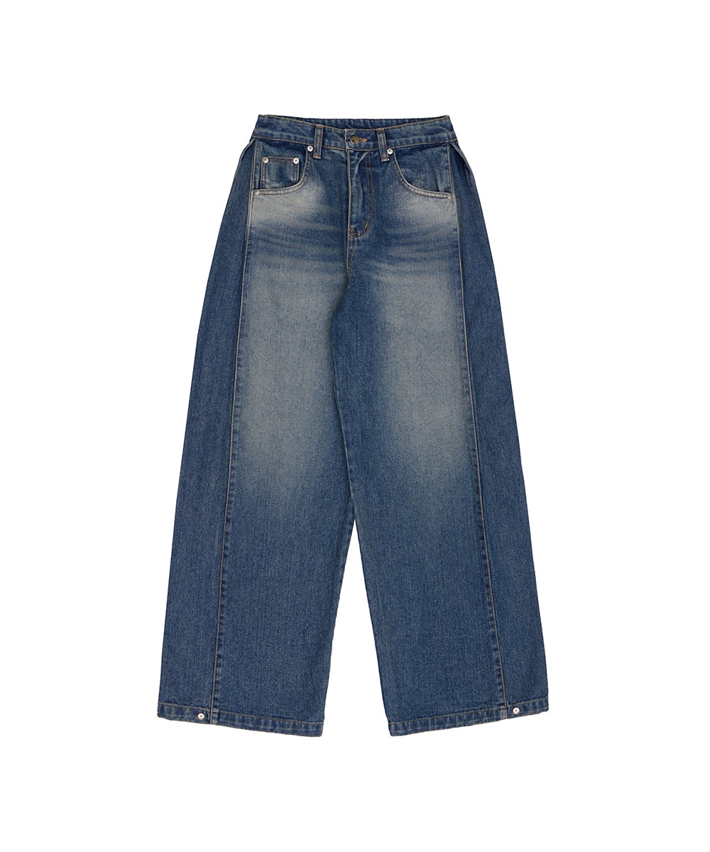 Side Tuck Wide Denim Pants [Deep Blue]