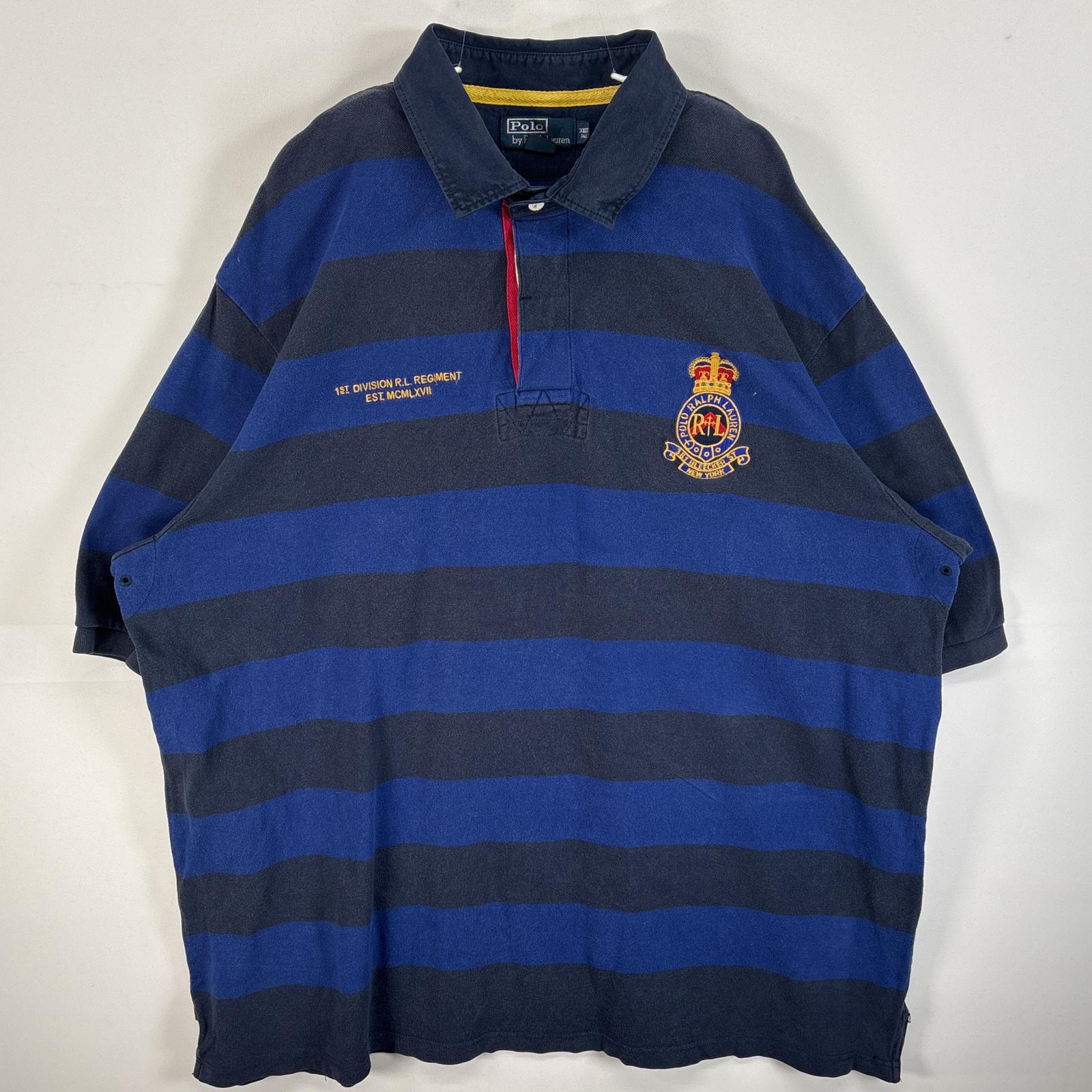 古着 90s/90年代 ポロバイラルフローレン Polo by Ralph Lauren 鹿の子 半袖 ラガーシャツ ロゴ 刺繍 大きいサイズ 大きいサイズ 3XLT ブルー系 ボーダー メンズ