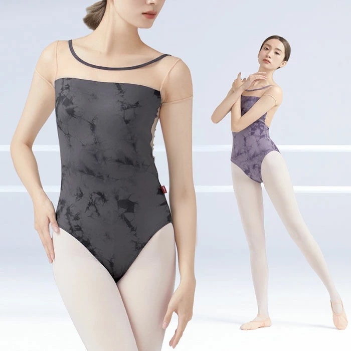 バレエレオタード 半袖 バレエ レオタード バレリーナ バレエ衣装 レディース レッスン ダンス衣装 バレエ用品 ホルターハイネック バックレス シースル 練習着 ダンスウェア タイダイ柄 透け感 ダ