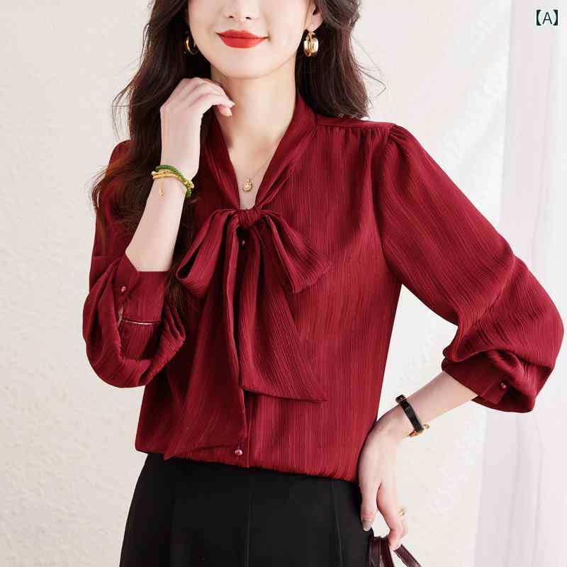 ブラウス レディース ミセス トップス 春秋 ハイエンド 韓国風 リボン サテンシャツ 通勤 シャツ シック エレガント 上品 フェミニン