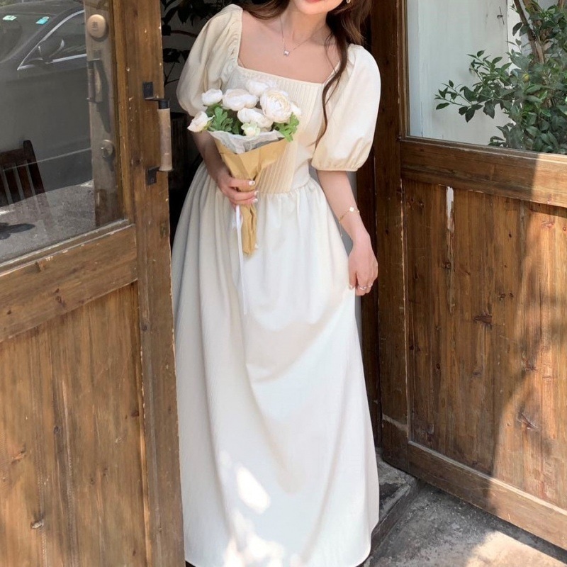 パフスリーブドレスレディースドレススリムスクエアネックウエスト気質夏ロングスタイル