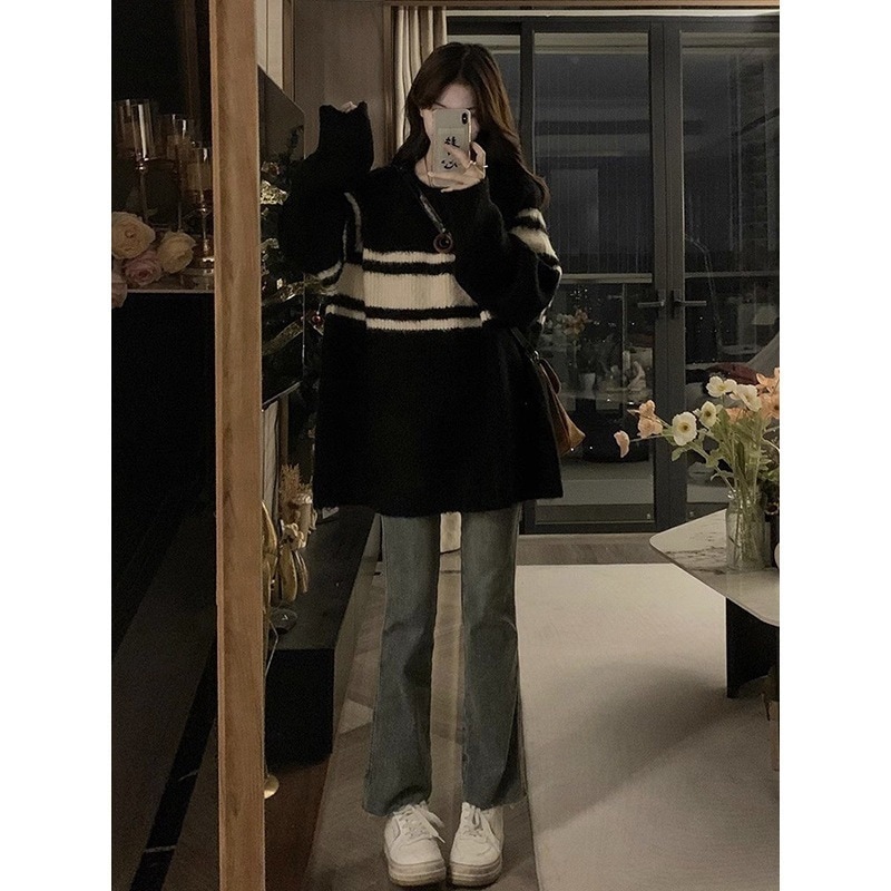 女性用ブラックストライプコントラストセータージャケット5秋冬新デザインニッチルーズソフトワックスセーター