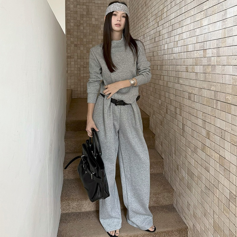 新作パーカー セットストリートファッション デザイン感あふれる立襟ロングスリーブスウェット + ワイドカジュアルパンツ（ベルト付き） パーカー 韓国