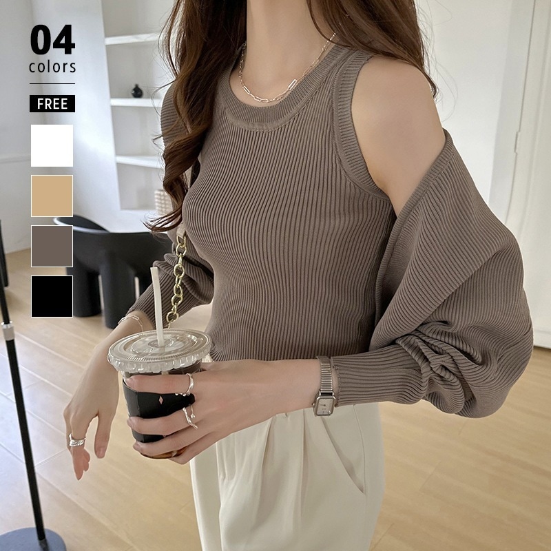 [迅速な配達][限時割!引!]アンサンブル ニット レディース セット タンクトップ カーディガン 2点 トップス アウター インナー ボレロ ノースリーブ 長袖 ボリューム袖 ショート丈 羽織り ゆ