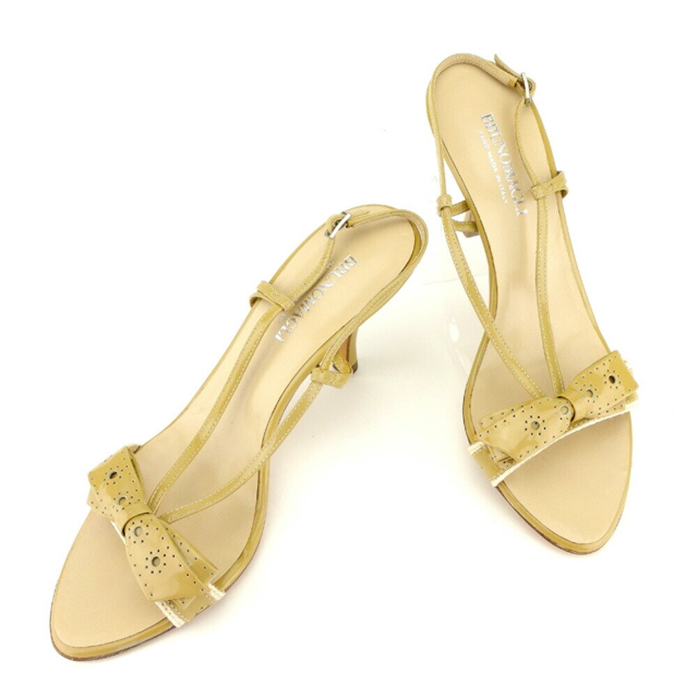 サンダル シューズ 靴 パンチングリボン 38スリングバック ベージュ シルバー 中古