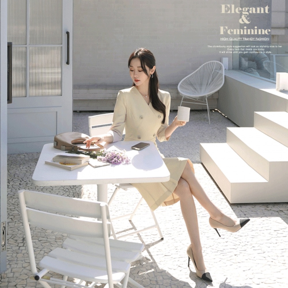 クリック＆ファニーピエールボタンVネックワンピース [SMLサイズ]