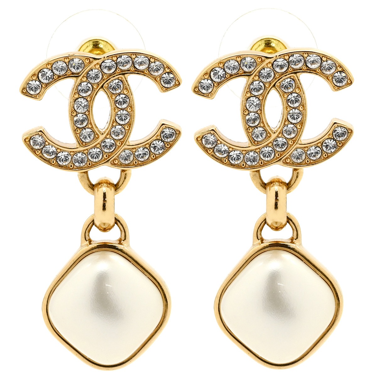 シャネル ピアス ココマーク パール GP フェイクパール ラインストーン ゴールド CCマーク スイング B24P 【箱】【中古】