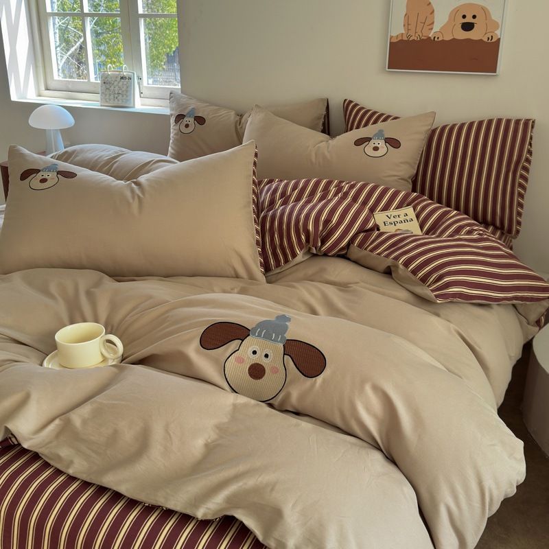 Ins漫画二重層糸糸ピュアコットンベッド4ピースセットフルコットンキルトカバーベッドシートドーパミン学生ドーパミン3ピースセット