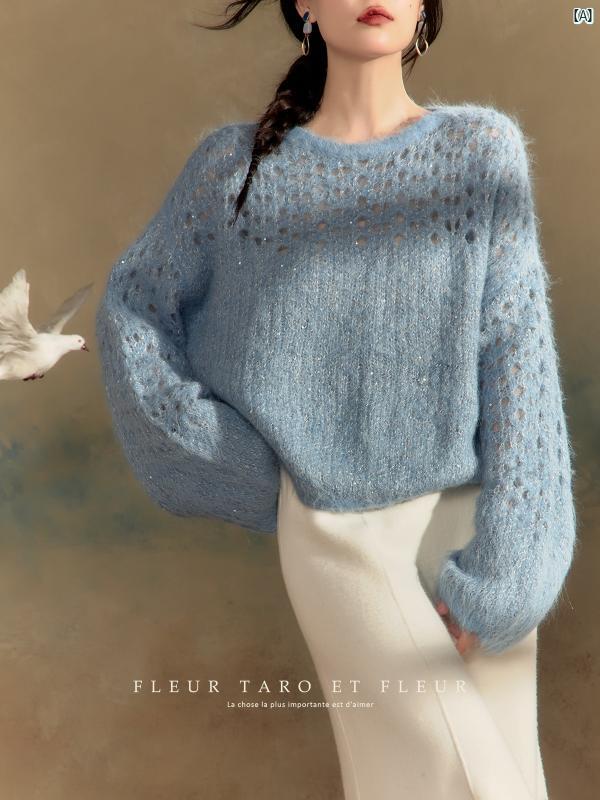 レディース ファッション 冬 綺麗 大歳 上品 オシャレ 秋 緩くて 柔らか ワックス ブルー ラウンドネックプルオーバー ウール セーター