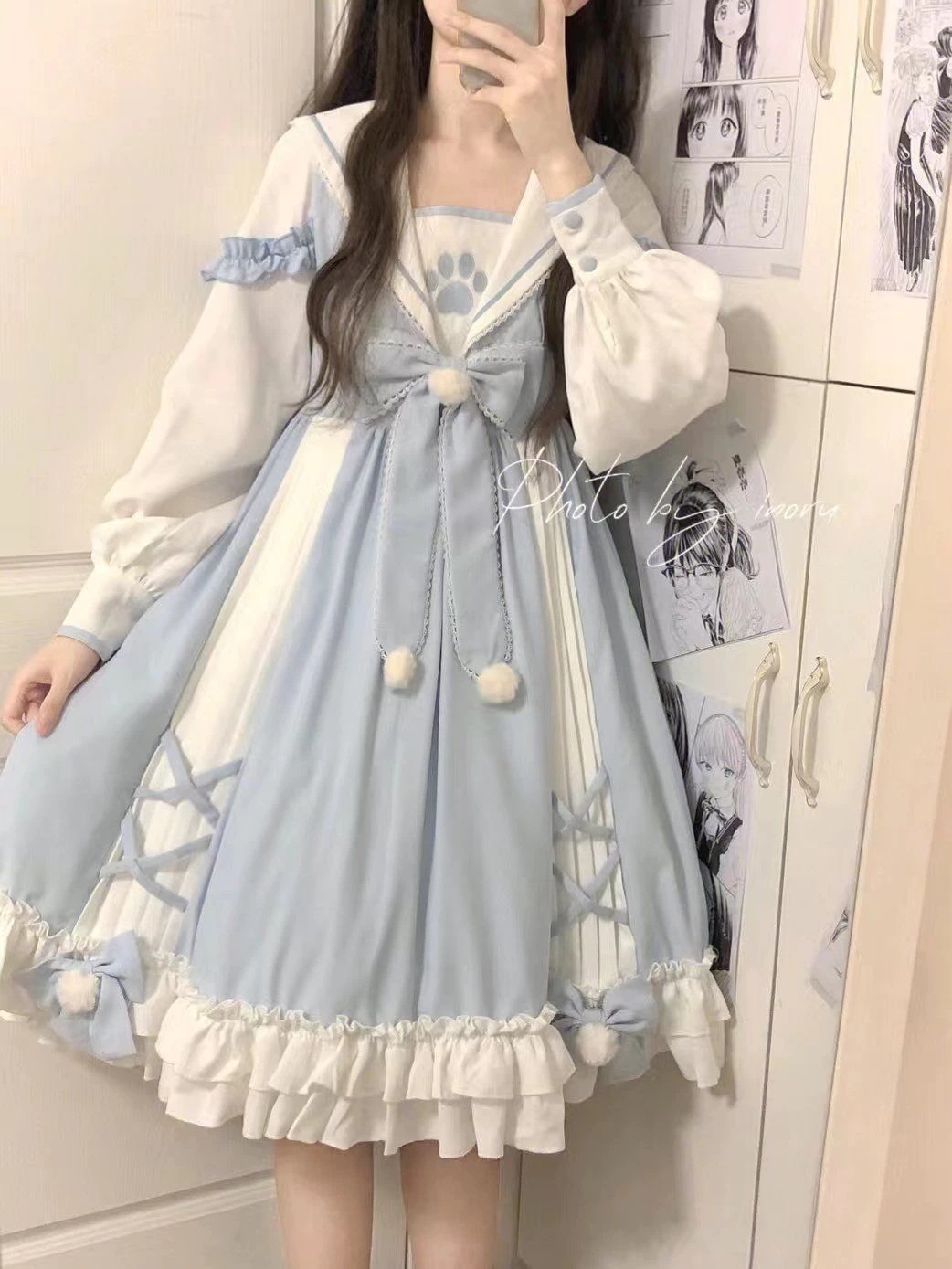 2025年秋 日本人学生 女の子 ゆるくてかわいい リボン ネイビーネック 女の子 ロリータ プリンセスドレス 母の日 母の日-0008704