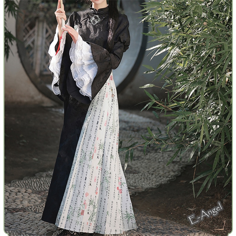 チャイナドレス ロング 長袖 コスプレ 中華ロリータ ロリータドレス 切り替えワンピース チャイナ風ワンピース ロリータワンピース コスチューム jsk 竹葉刺繍 蘭亭序文字柄 文化祭