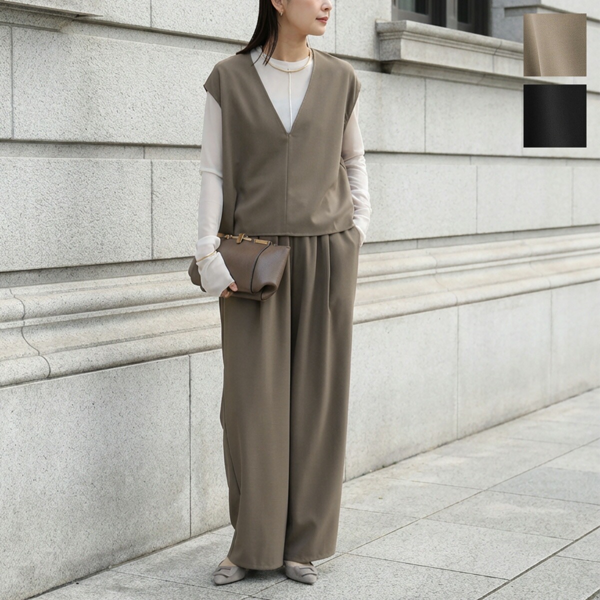 CLOCHE クロシェ セットアップ 85582 レディース ノースリーブ+ワイドパンツ ストレッチ Vネック プルオーバー ベスト イージーパンツ カラー2色